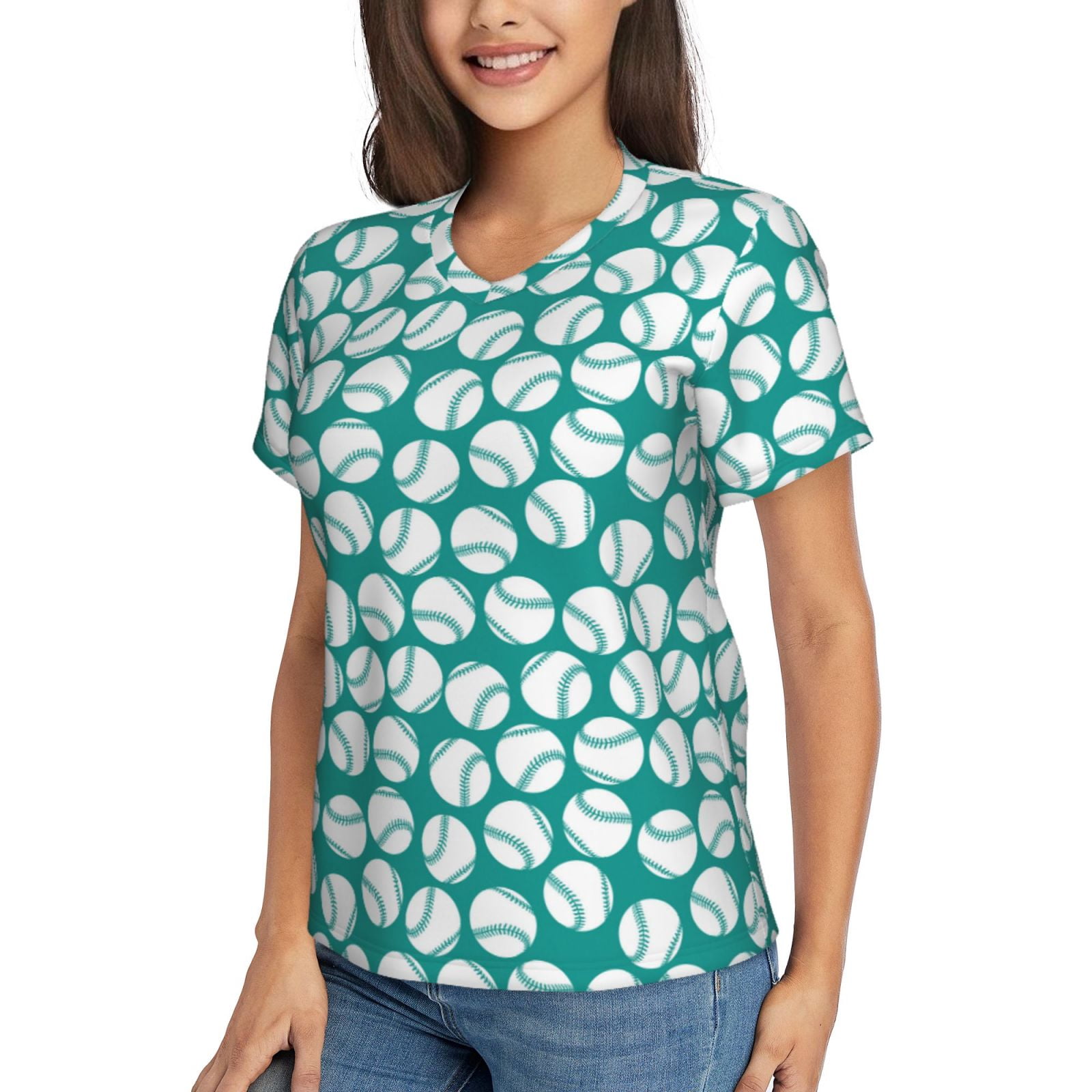 Vsdgher Green Baseball Women Shirts V Neck Short Sleeve Tops T-Shirt Basic Tees, S to 3XLX-Large