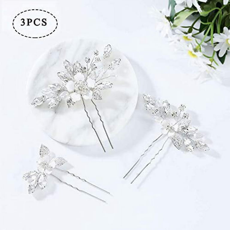 JONKY Pearl Hair Pins Crystal Hair Piece Flower Bridal Hair Accessories  Wedding Headpiece for Bride (Pack of 2) (Silver)