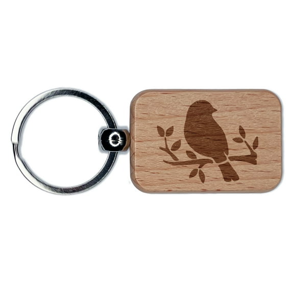 Charming Bird Resting on Branch Rectangle Keychain Charm Tag - Engraved Wood
