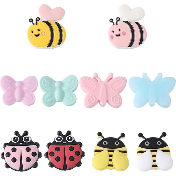1 Box 1 BOX 10PCS Animal Silicone Beads Insect Rubber Beads Cute Cartoon Animal Bee Butterfly Ladybugs Loose Spacer Double Sided Focal Bead Bulk for Beading Pens Keychain Making Kit Bracelet Craft