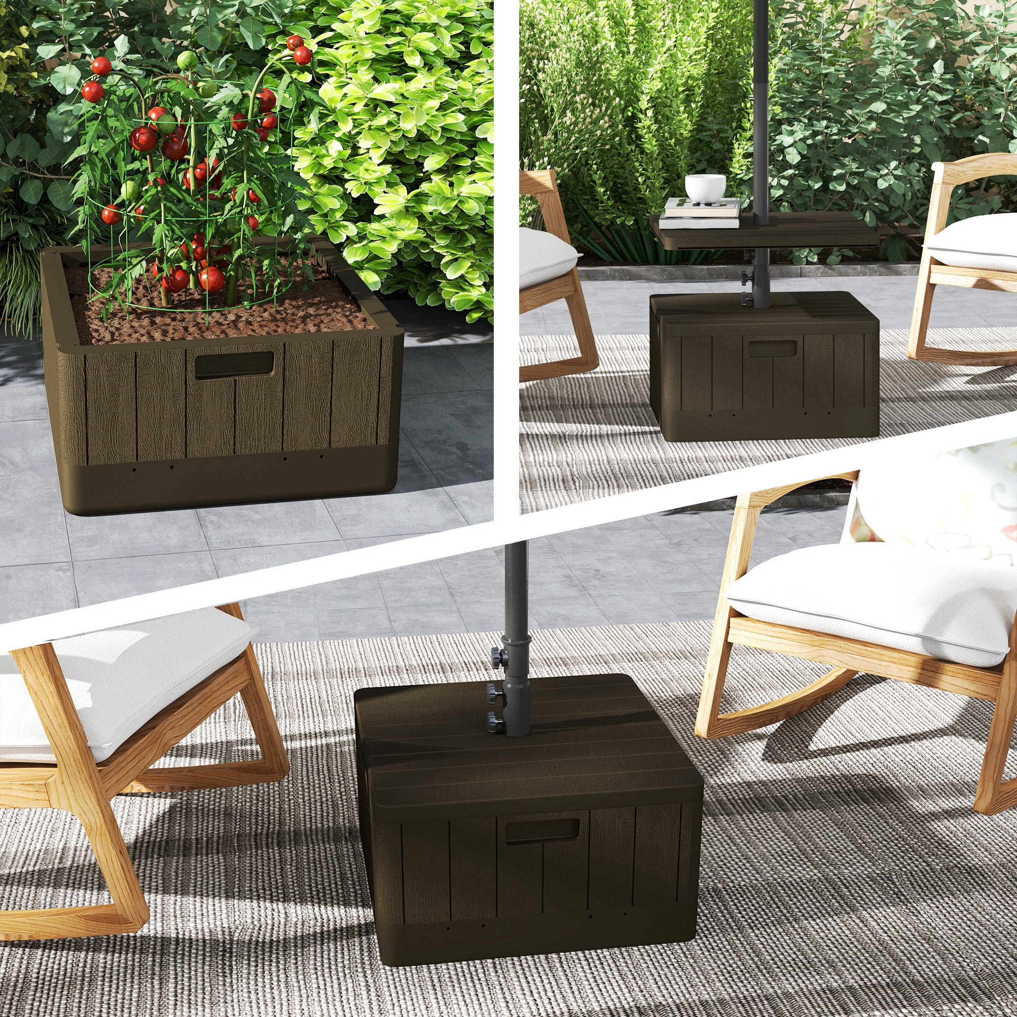 Outsunny Patio Umbrella Base with Table Tray, Heavy Duty Weighted Umbrella Stand with Wheels Handles, 176lbs with Stand Filling, Brown