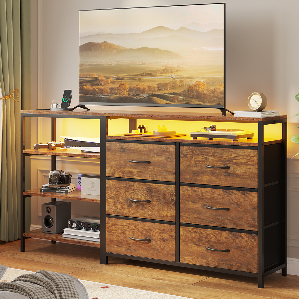 TV Stand Dresser with Charging Station and LED Lights, for 60 Inch TV, Changable L Shape TV Console with Open Shelf, 53.5 Inches Wide Brown Dresser for Bedroom