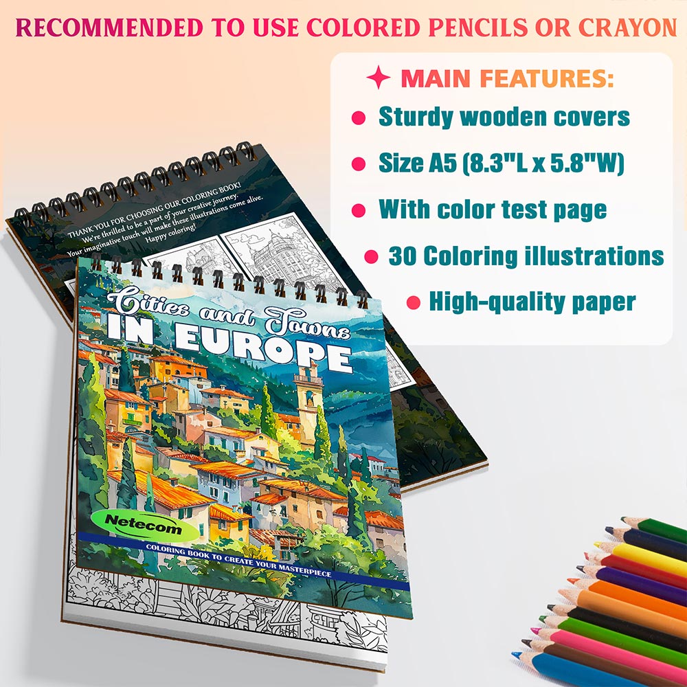 Netecom Cities and Towns In Europe Coloring Book Spiral Bound For Adults, A5 Wooden Cover, 30 Charming Coloring Pages in Historic European Architecture for Stress Relief and Relaxation