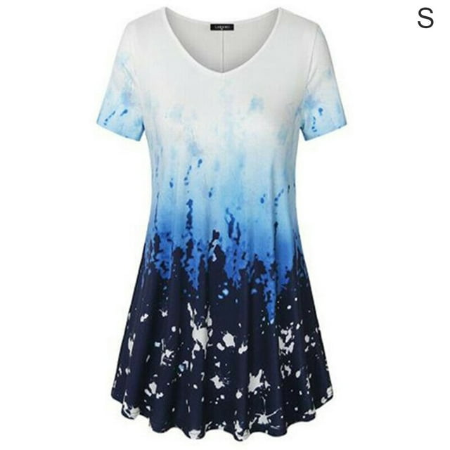 Camiseta de mujer Blusa informal con estampado degradado Vestido suelto con cuello en V, Azul, S Eigraketly AP001902-41