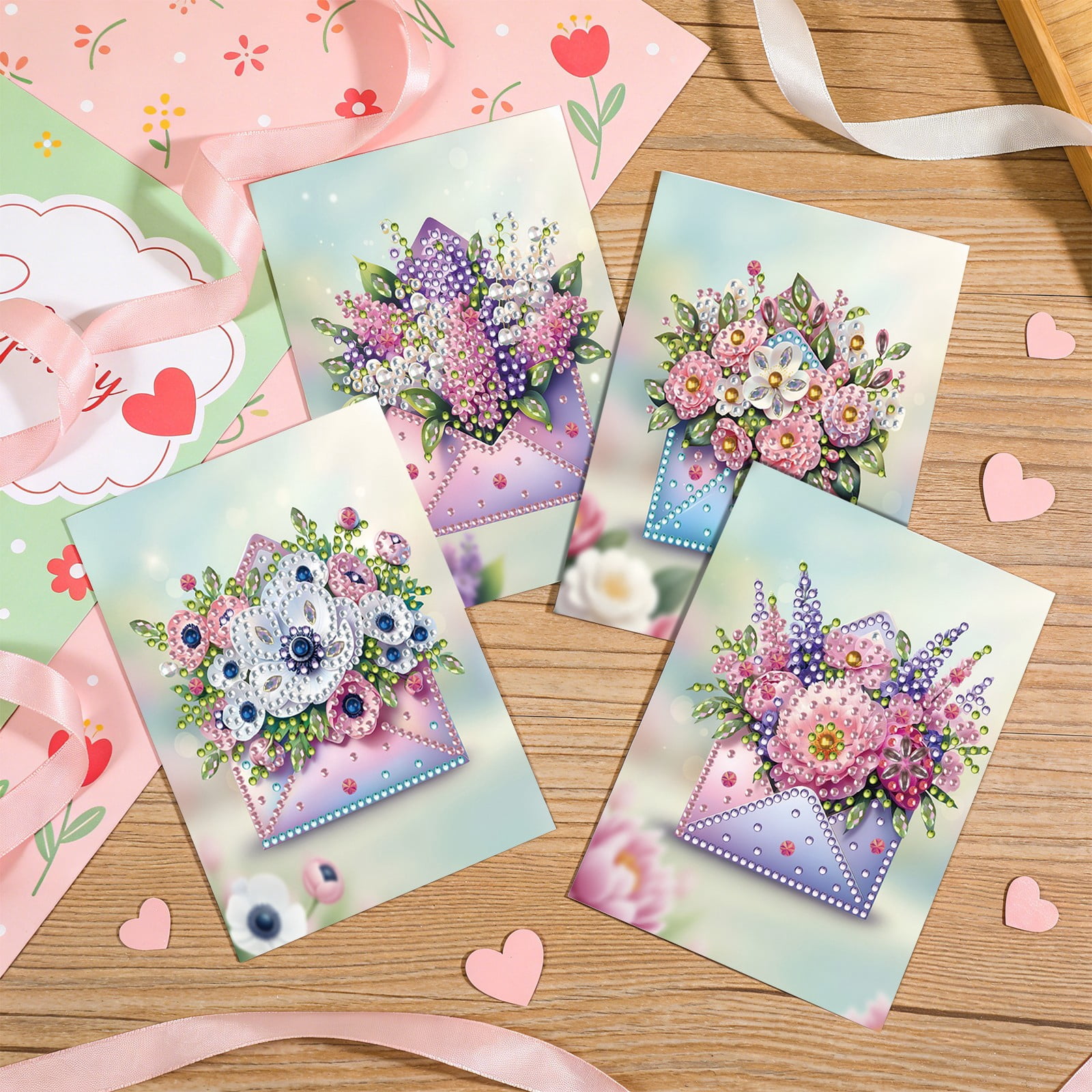 FLOPESN 6Pcs DIY Diamond Art Greeting Cards Set, Spring Flower 3D Folding Thank You Card For Birthday Holiday Blessing Gift(included envelopes)
