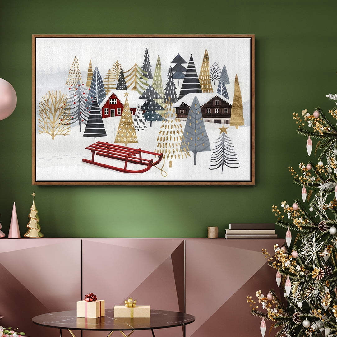 Christmas Chalet Collection A - Framed Gallery Wrapped Holiday Canvas - 17 x 25 - Rosewood Frame