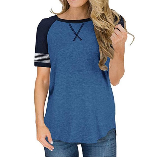 T-shirts à Manches Courtes pour Femmes Blouse Rayée à Blocs de Couleur Hauts Décontractés