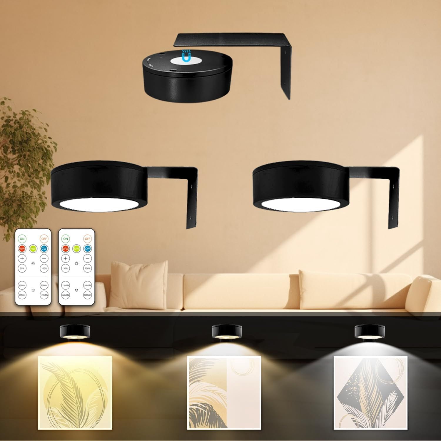 9-Pack Black Picture Lights for Wall,Battery Operated with Remote and Timer,,3 Color Temperatures & Dimmable,Art Display Light for Picture Frame Artworking Portrait,Wireless Wall Decor Puck Lights