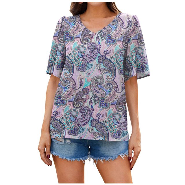Mujeres verano estampado floral cuello en V manga corta suelta Tops camisas blusa pulóver Fridja bn6496
