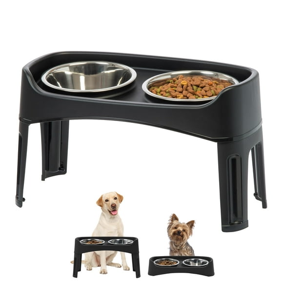 IRIS USA Elevated Dog Bowls, Adjustable Height, 2 Thick 1.9 L Stainless Steel Bowls, Spill-Proof with Raised Outer Rim, Durable Plastic, Easy Assemble, 2 Heights 11.8 or 31.1 cm, Black