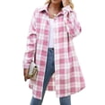 thumbnail image 3 of Women'S Button Down Flannel Shirts Plaid Shacket Long Sleeve Collared Long Jacket Coats Red & White L, 3 of 9