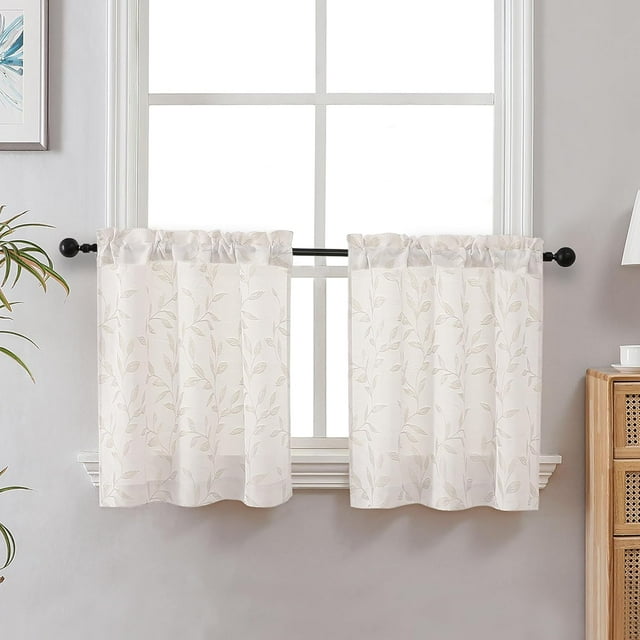 sasyxdc Mila Natural Kitchen Curtains 2 Panels Small Window Curtains for Living Room Bathroom Laundry Basement Modern Rod Pocket Light Filtering Jacquard Leaf Curtain 30Wx24L inches gt