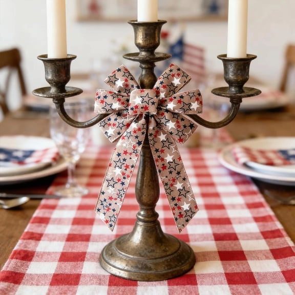 Patriotic Farmhouse Bow,4th of July Rustic Burlap Star Print Bow for Independence Day,Memorial Day Front Door,Wreaths,Dining Table,Candle Holder,Holiday Party Decor