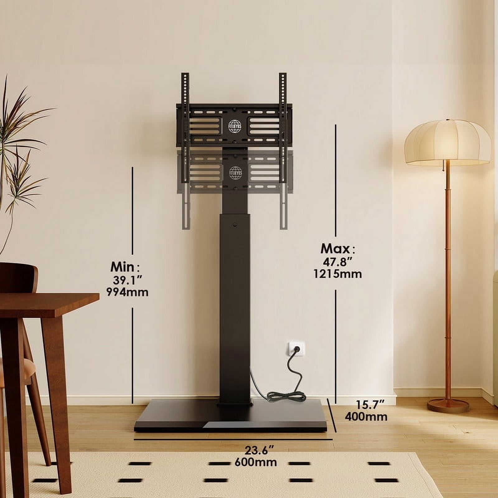 FITUEYES Modern Black Swivel Floor TV Stand for TVs up to 65 inch Metal Base with Power Strip Mount