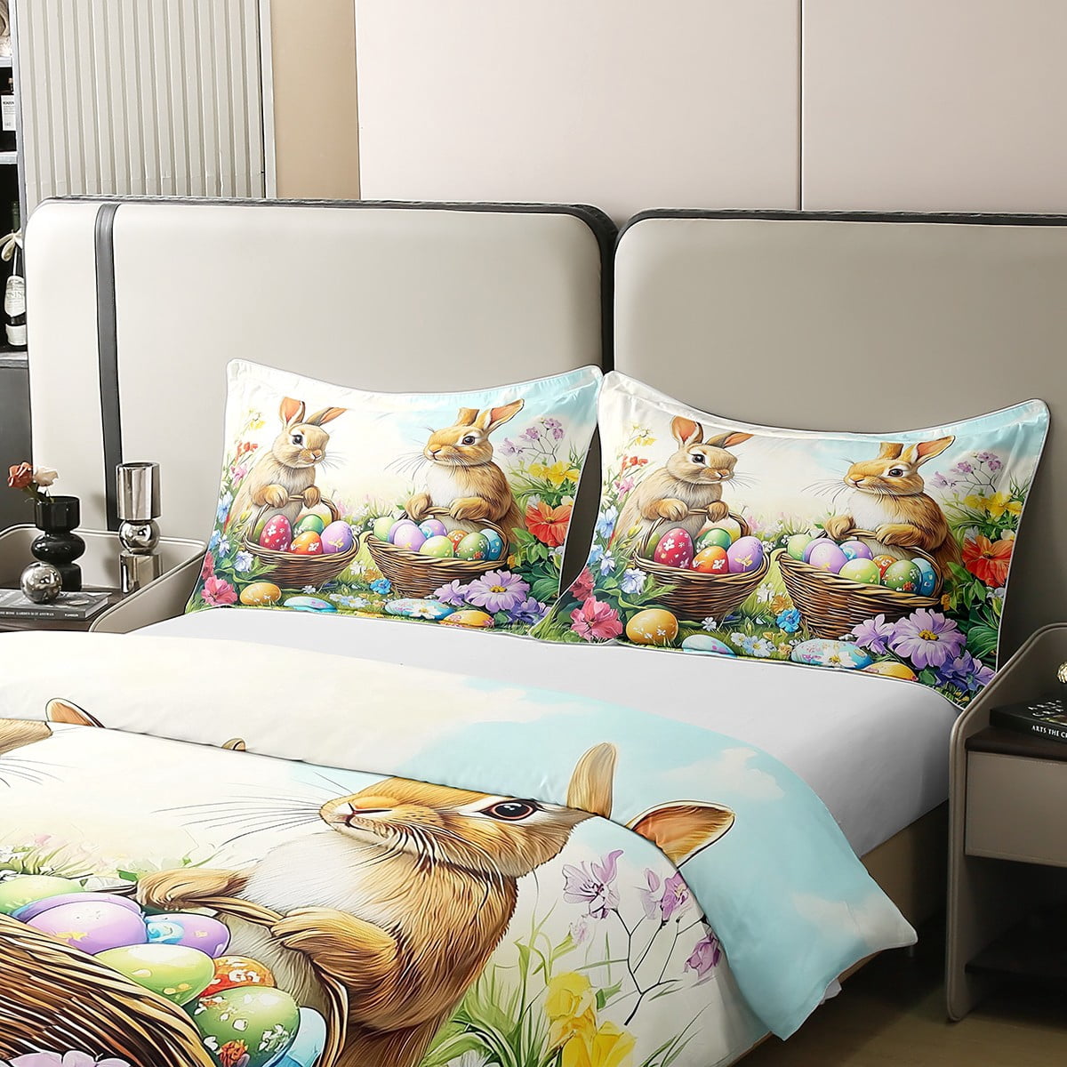 Erosebridal Farm Rabbit Bedding Set Easter Decoration Duvet Cover Happy Easter Themed Comforter Cover Easter Eggs Print Bedspread Cover Rustic Floral Decor Bedding Queen Size