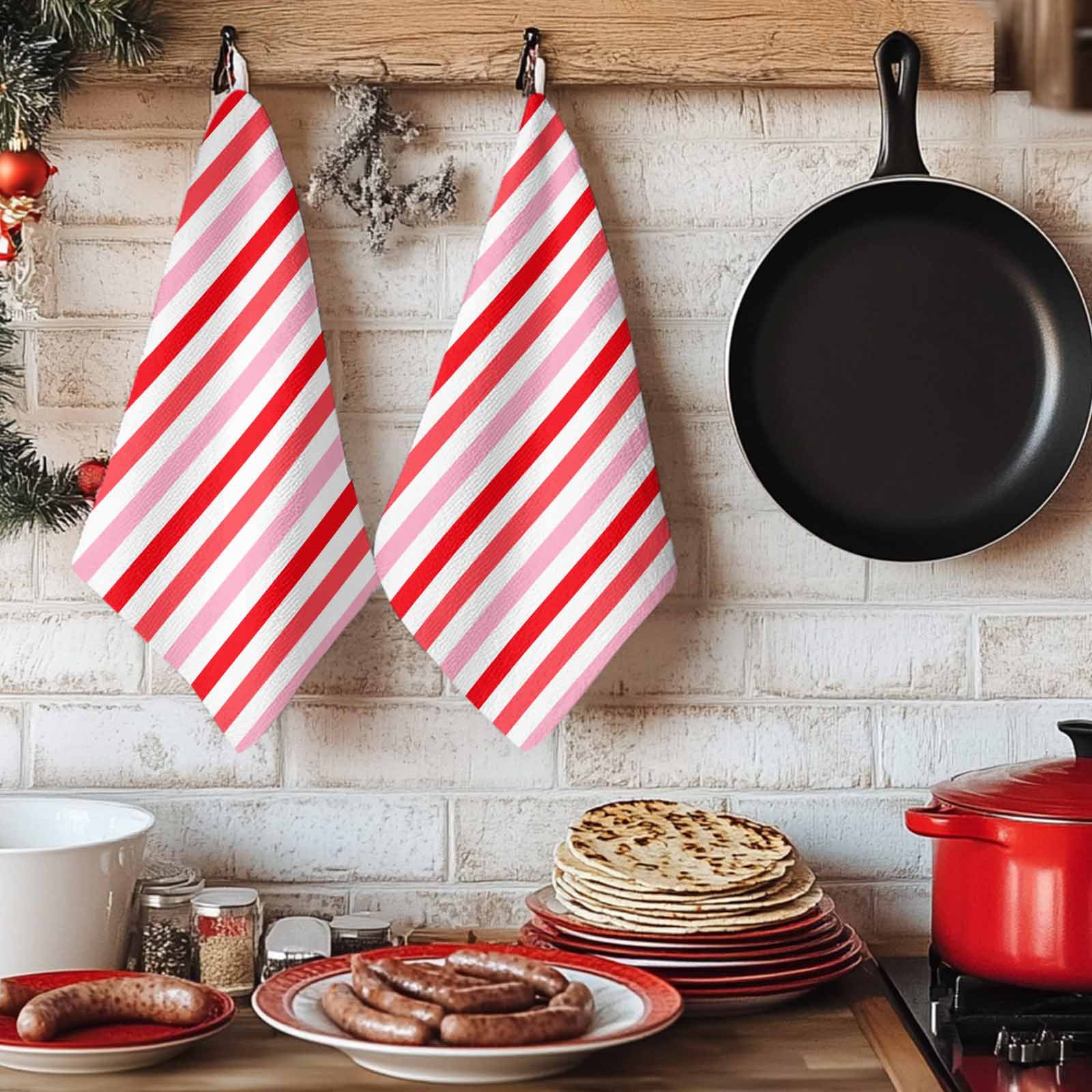 Dish Towels, Pink Red Stripes Absorbent Kitchen Towels 2 PCS, Lines Striped Microfiber Hand Towels Dish Cloths Tea Towels for Home&nbsp;Bathroom Cleaning Drying,18X28-Inch,