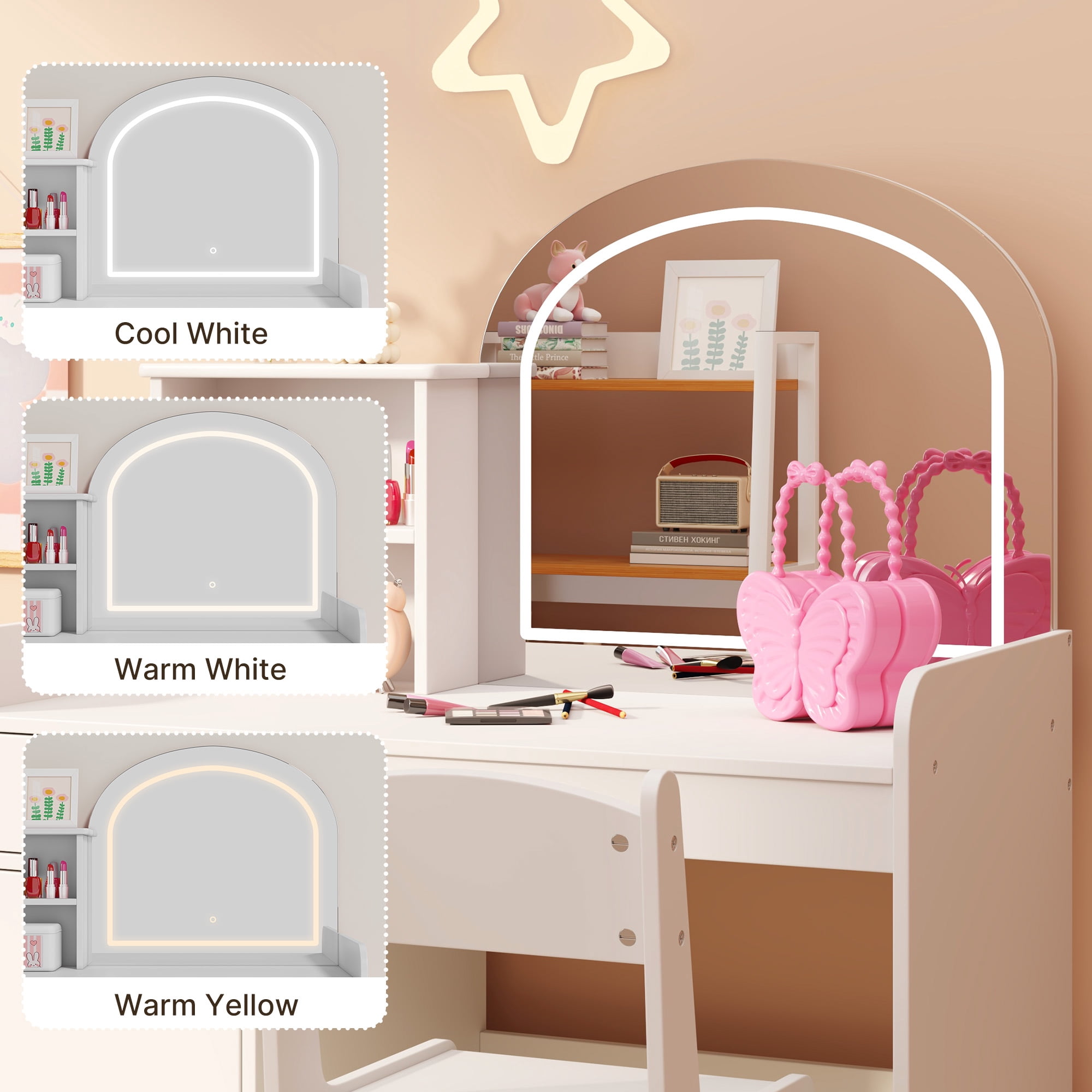 Lofka White Princess Kids Vanity Set with LED Lights & Stool | Makeup Dressing Table with Shatterproof Mirror, Storage Shelves & Cabinet | ASTM/CPSIA Safe for Girls 3+