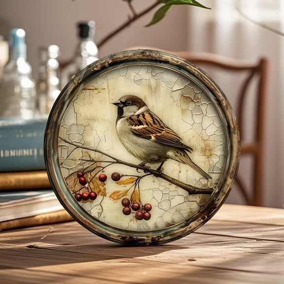Vintage Bird and Cherry Round Wooden Sign, 8x8 inches, Printed Aluminum Wall Art Decor, Suitable for Home, Kitchen, and Office Decoration — Perfect Holiday Gift