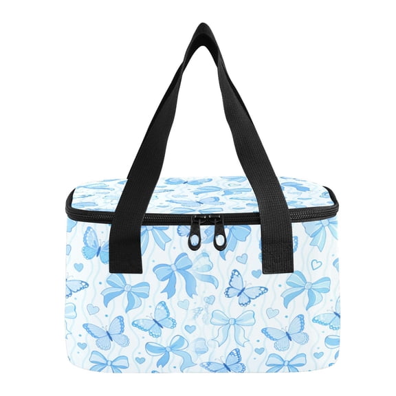6L Insulated Lunch Bag Square Handheld Cooler Tote Blue Bow Butterfly Pattern Reusable Thermal Bag with Polyester & Aluminum Lining for Work Picnic Travel