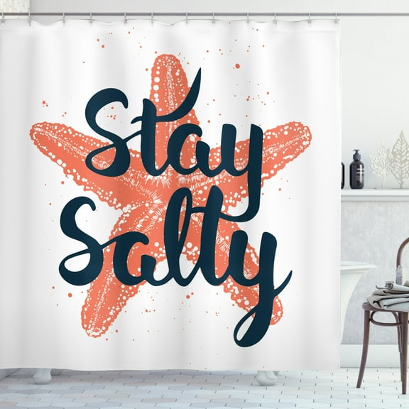 Ambesonne Beach Saying Shower Curtain, Stay Salty Starfish, 69"Wx70"L, Vermilion and Dark Blue