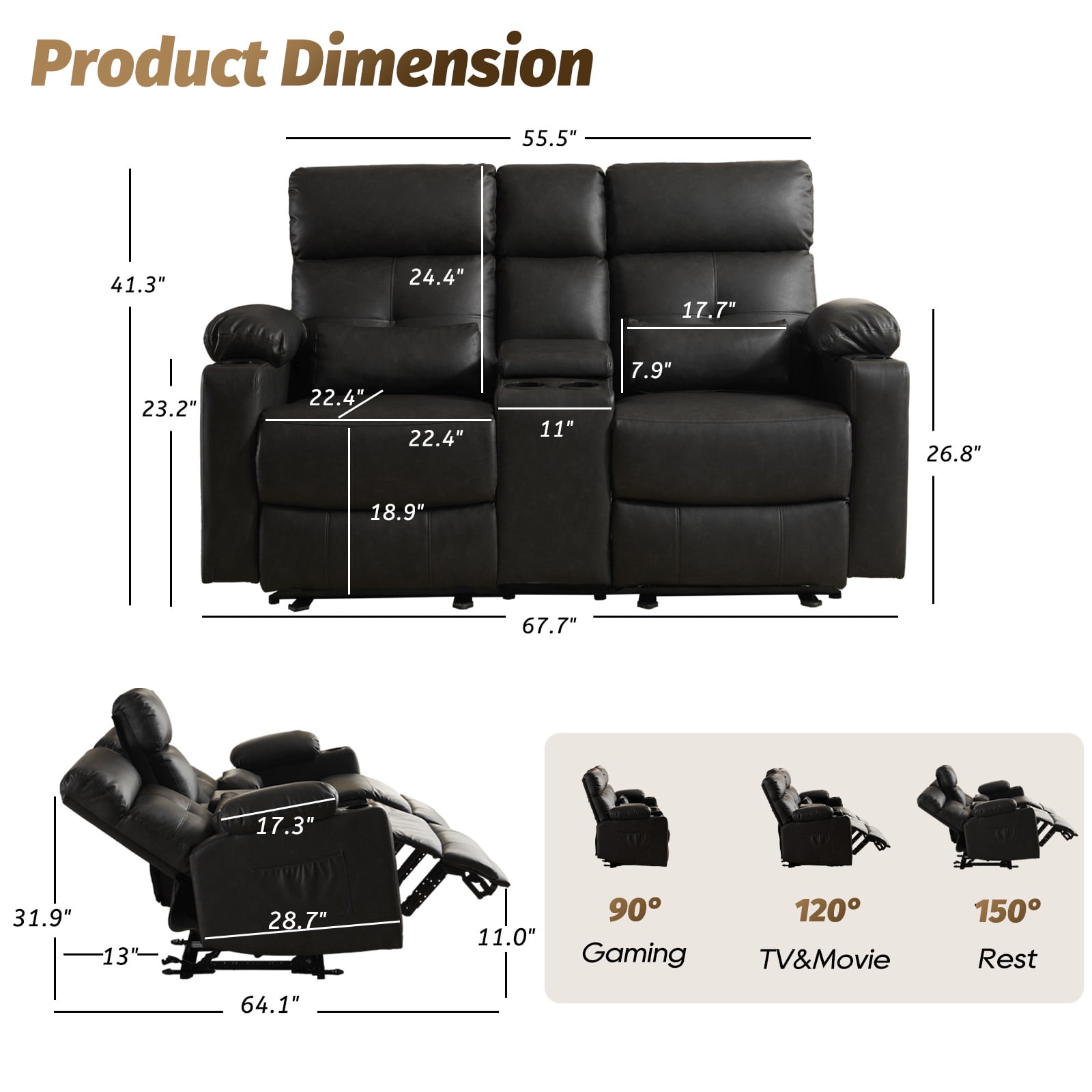 PYOIER Reclining Loveseat Sofa With Massage & Heating, Black