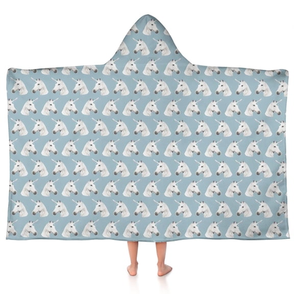 Blue Cartoon Unicorn Pattern Hooded Bath Towel,50"x30" for Ages 3 To 12 Kids, Quick Dry Lightweight Soft Microfiber Hood Beach Towel Cover Up for Kids