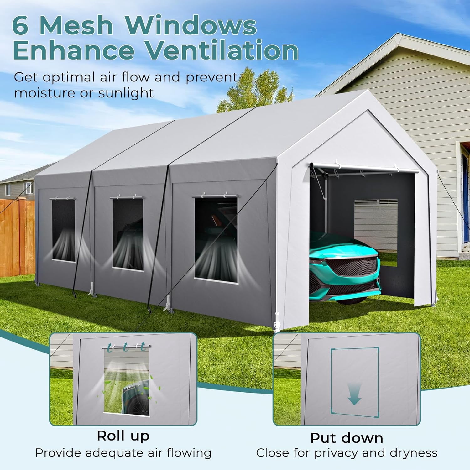 Vitarpatio 10x20 ft Carport Heavy Duty, Reinforced Metal Car Port Canopy Portable Garage Waterproof Car Tent with 6 Roll-up Windows, Door and Removable Sidewalls, Light Gray