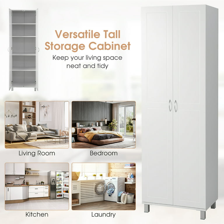 Gymax 2-Door Tall Storage Cabinet Kitchen Pantry Cupboard Organizer  Furniture White 