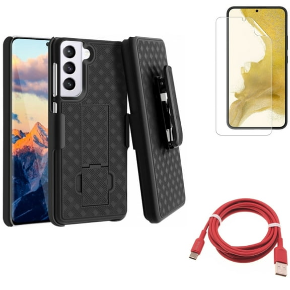 For Samsung Galaxy S21 (6.2") - Anti-Glare TPU Film Matte Screen Protector   Swivel Holster Case Belt Clip   Charger Cord Red 6ft USB-C Cable