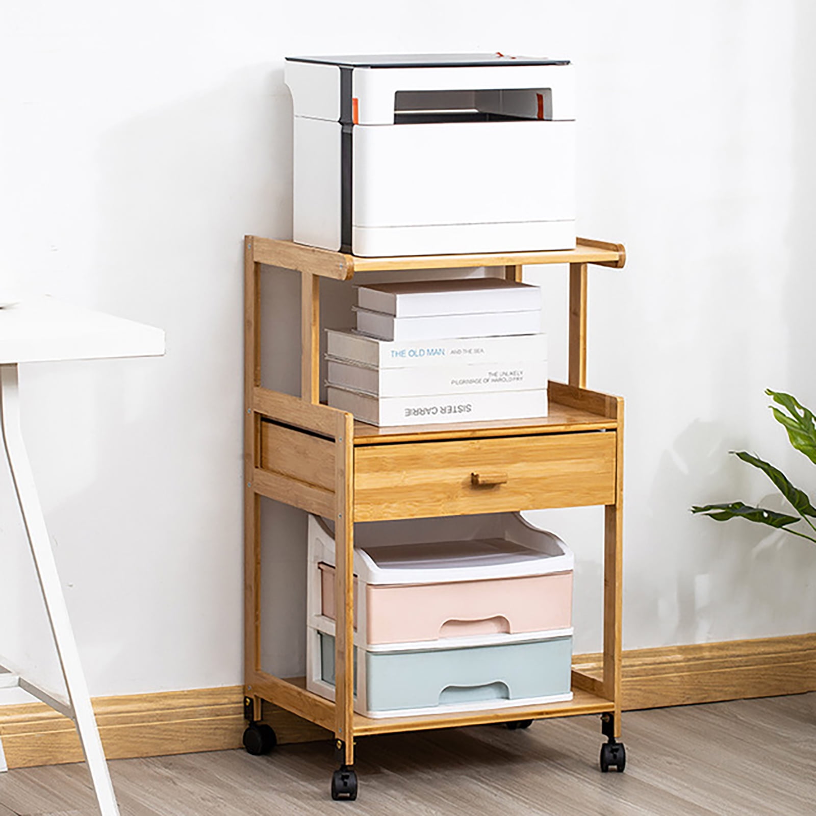 Mobile Printer Stand, Wood Rolling Printer Holder Cart with Storage Drawers Shelves and Wheels