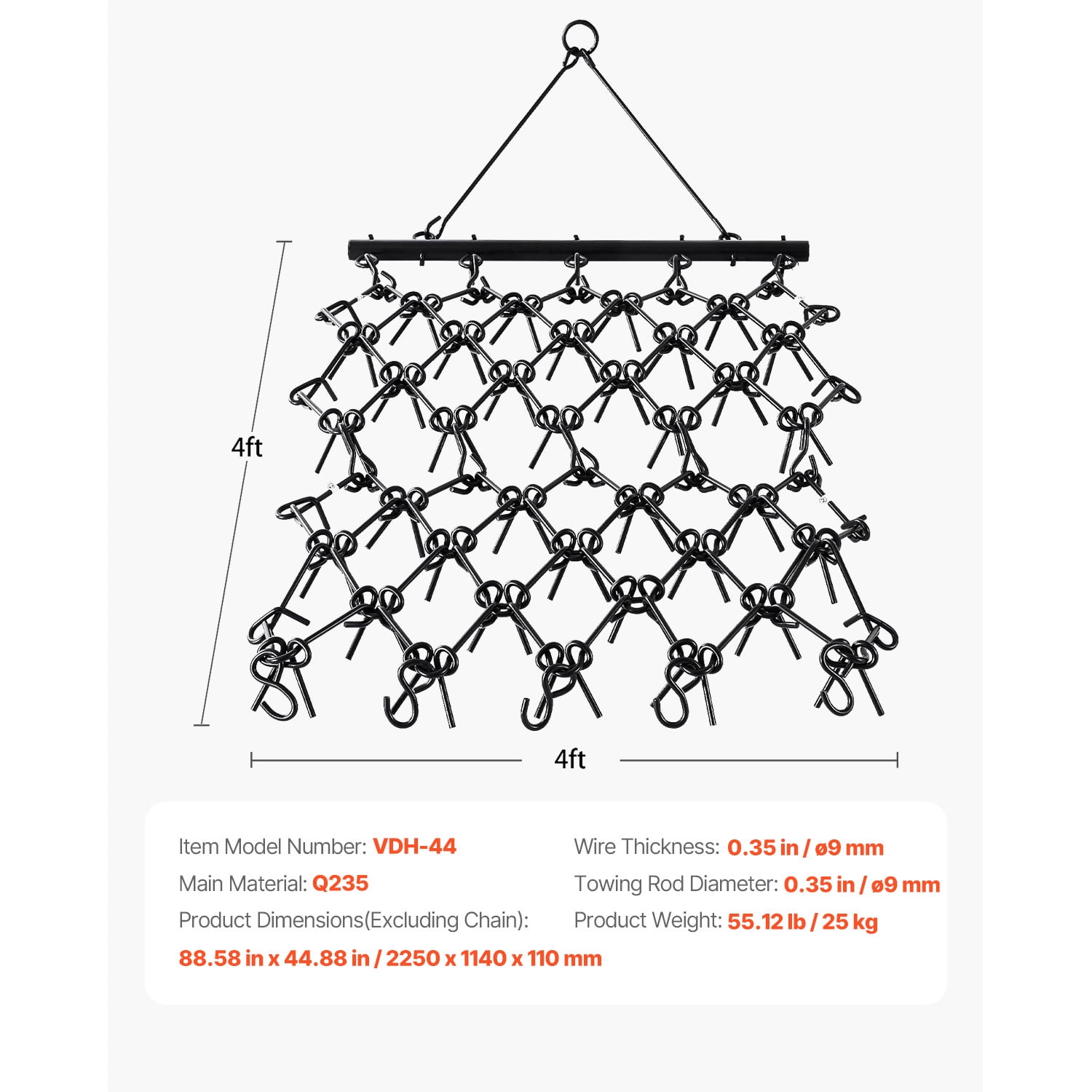 KFFKFF Chain Harrow, 4x4 ft, Robust Drag Harrow with 69 Pointed Teeth, Suitable for ATV UTV Tractor, Preparing Soil, Seeding, Leveling Terrain, and Maintaining Gravel Yard