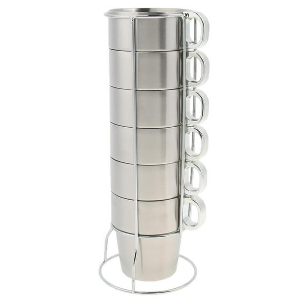 Juego de tazas de café apilables de acero inoxidable con soporte de metal, 10 unidades M