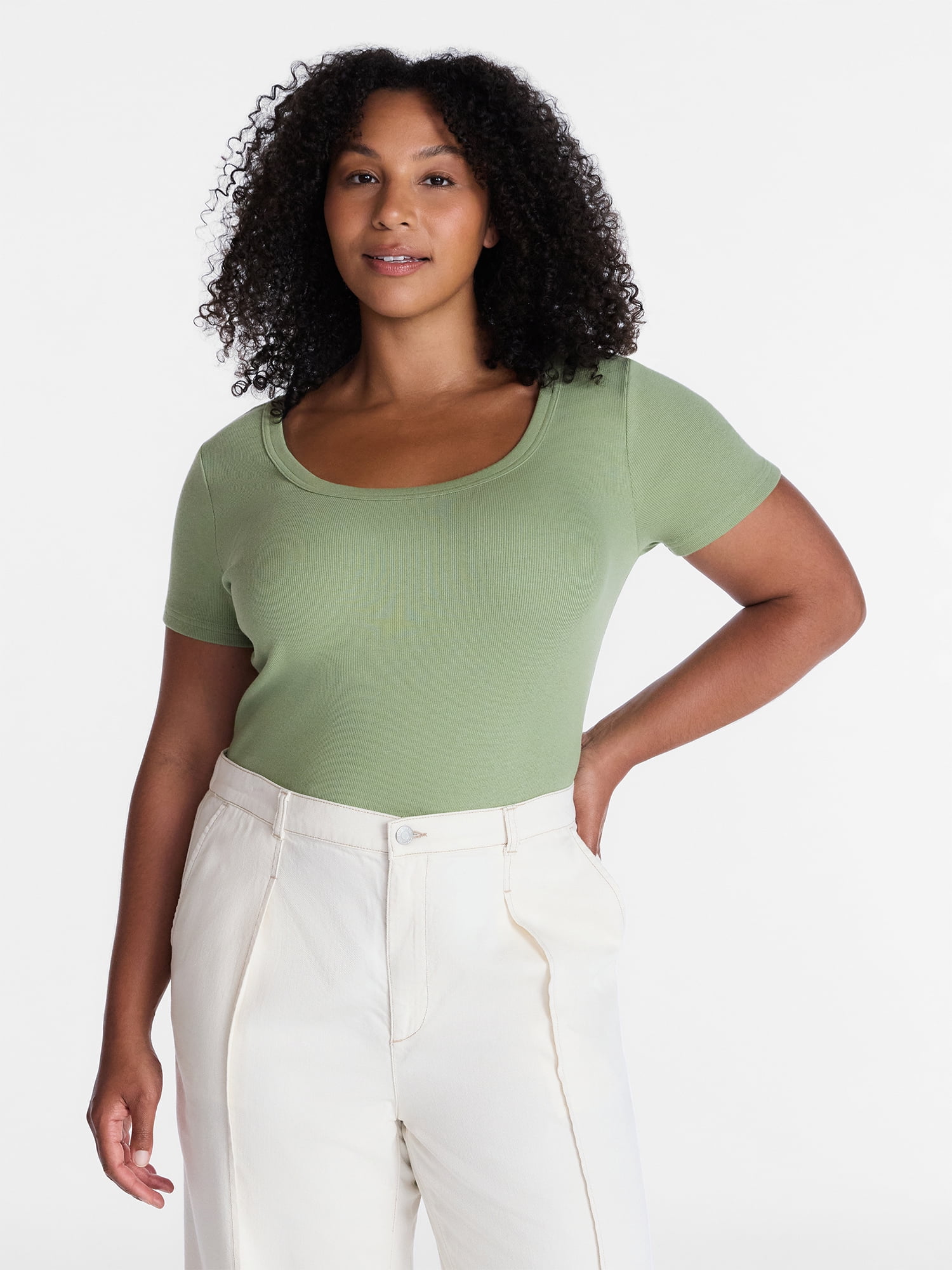 Time and Tru Women's Ribbed Scoop Neck Tee with Short Sleeves, Sizes XS-XXXL