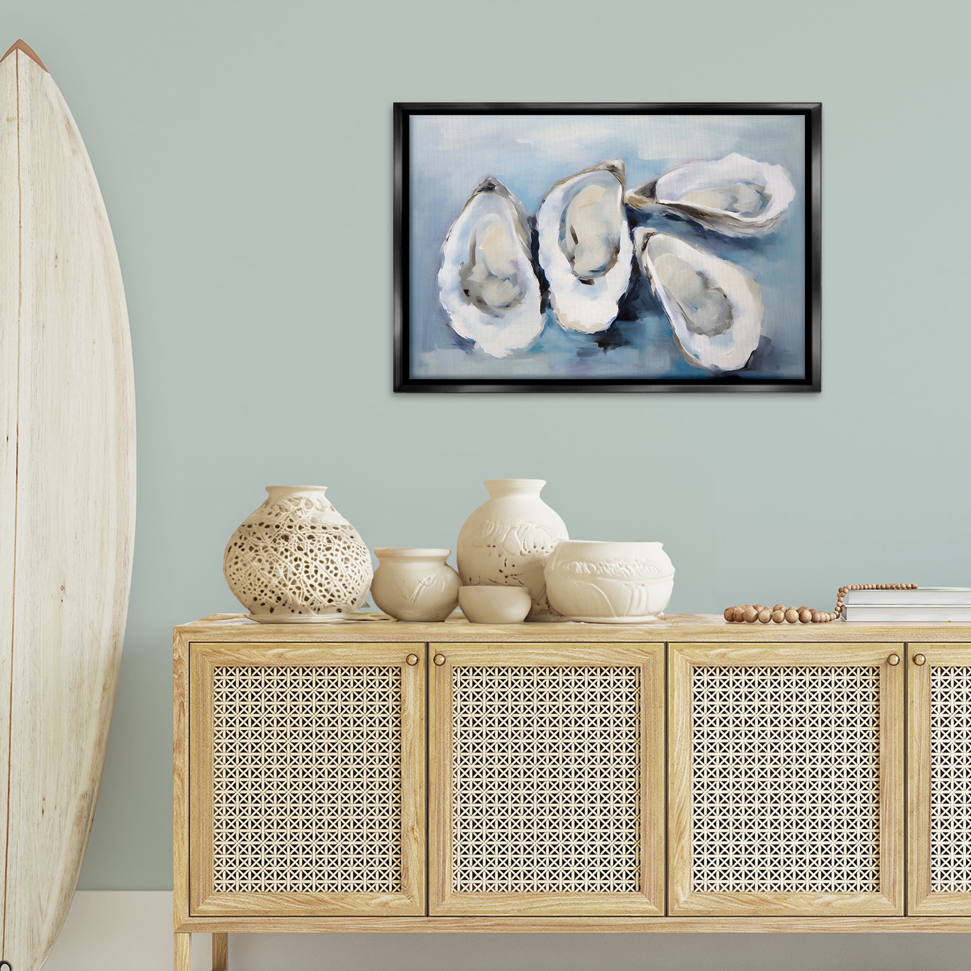 Stupell Industries Four Oysters Impression Nautical & Beach Painting Black Floater Framed Canvas Art Print Wall Art, 31 x 21