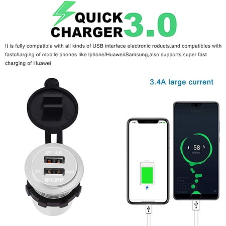 PYYAN-Upgraded Aluminum Alloy Fast Charging 3.0 USB Charger Socket IP66 Waterproof Dual USB Power Outlet with QC 3.0 & 5V 2.4A Port Led Light for Car Boat Marine RV Motorcycle (Silver)