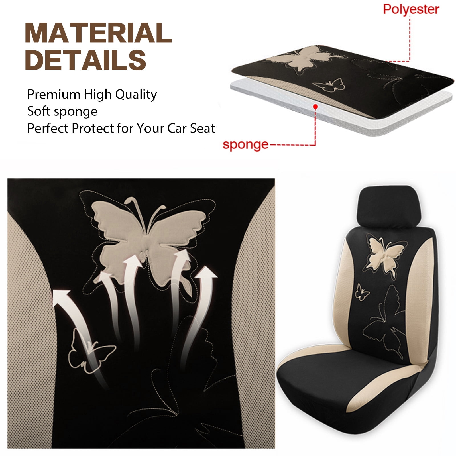 OTOEZ Butterfly Car Seat Cover, Breathable Cloth 5 Seats Full Set for Front & Rear Seat Protector, Universal fit Most Honda Toyota Chevy Ford Nissan Truck SUV, Beige