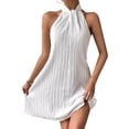 thumbnail image 3 of Women'S Pearl Beaded Halter Twist Sleeveless Pleats Dress A Line Short Dress White XS, 3 of 9