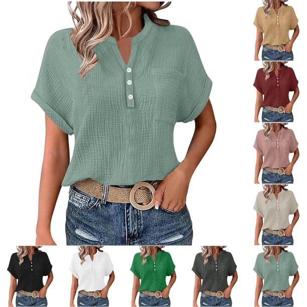 Sudaderas con capucha para mujer,Blusa de manga corta con cuello en V para mujer, color liso, informal, holgada, con bolsillo, tela suave y transpirable para uso diario, sopatenor