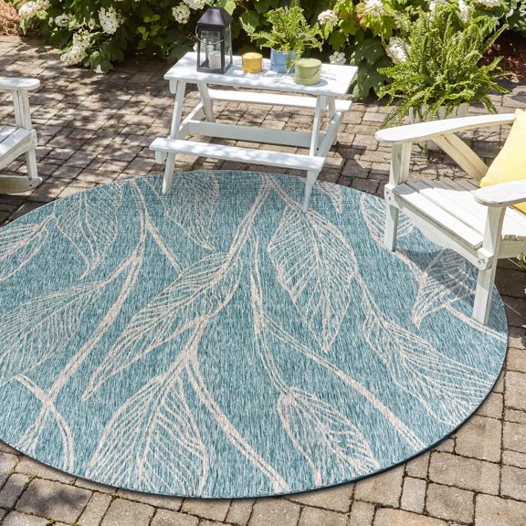Unique Loom Outdoor Botanical Collection Area Rug - Leaf (10' 8" Round Light Aqua/Ivory)