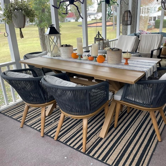 PURPLE LEAF 7 Pieces Patio Dining Set, Rectangular Aluminum Outdoor Table and 6 Wicker Chairs with Cushions for Garden Kitchen and Porch, Teak