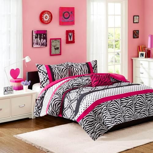 Comforter Set Fun Bedroom Décor - Modern All Season Polka Dot Print, Vibrant Color Cozy Bedding Layer, Matching Sham, Decorative Pillow, Twin/Twin XL, Zebra Pink 3 Piece