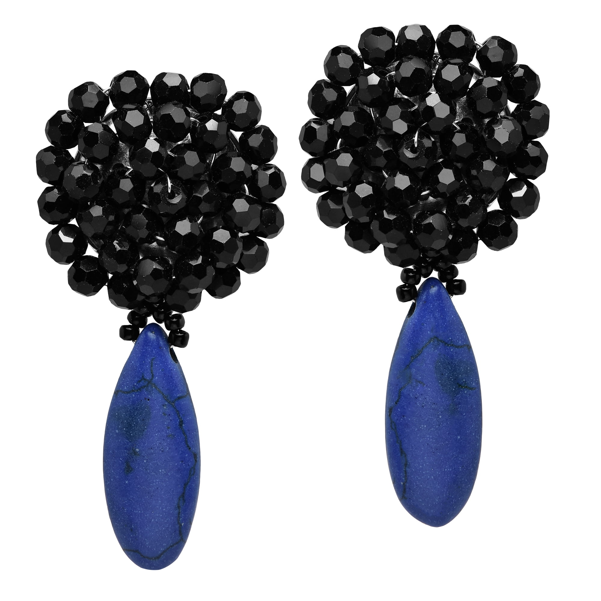 Black Chrysanthemum Fashion Crystal & Dyed Blue Howlite Drop Clip On