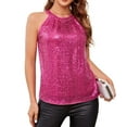 thumbnail image 3 of Sequin Halter Tops for Women Sleeveless Sparkly Shiny Tank Tops Ruched Flowy Sparkly Club Outfits Party Shirt Rose Red XL, 3 of 7