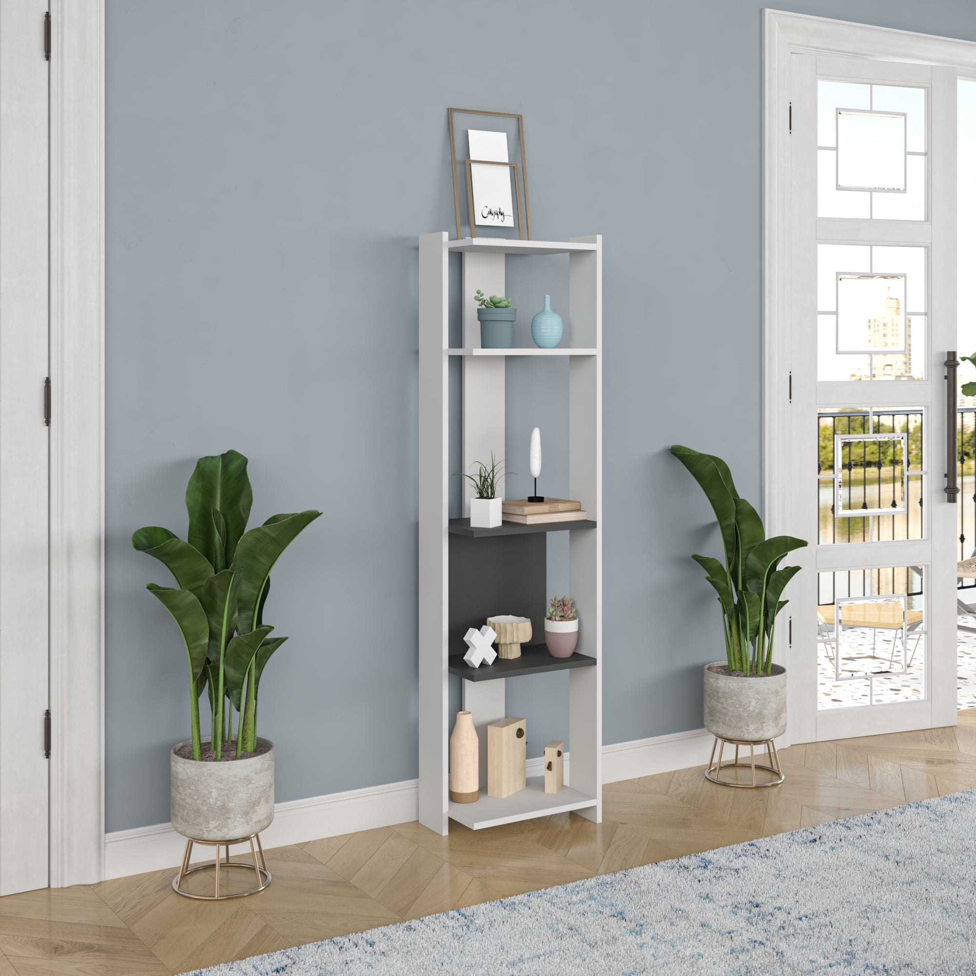 Ada Home Decor Abis 4 Tier Open Shelf Narrow Modern Bookcase, White Anthracite