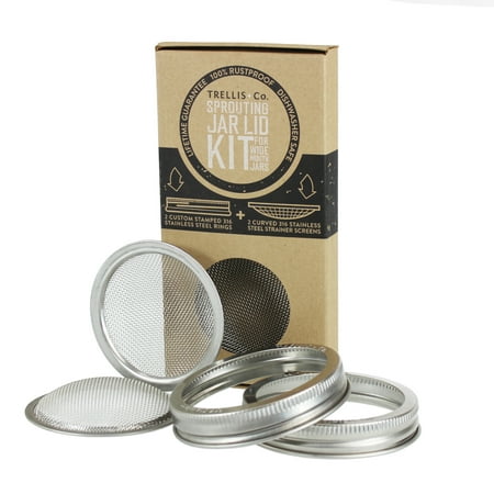 Trellis & Co. Stainless Steel Sprouting Lids - Pack of 2 - 316 Stainless - CURVED Mesh - Fits Most Wide Mouth Mason Jars - Grow Your Own Sprouts from Seeds - Sprouter