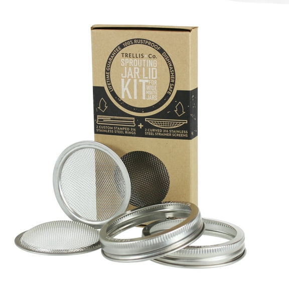 Trellis & Co. Stainless Steel Sprouting Lids - Pack of 2 - 316 Stainless - CURVED Mesh - Fits Most Wide Mouth Mason Jars - Grow Your Own Sprouts from Seeds - Sprouter