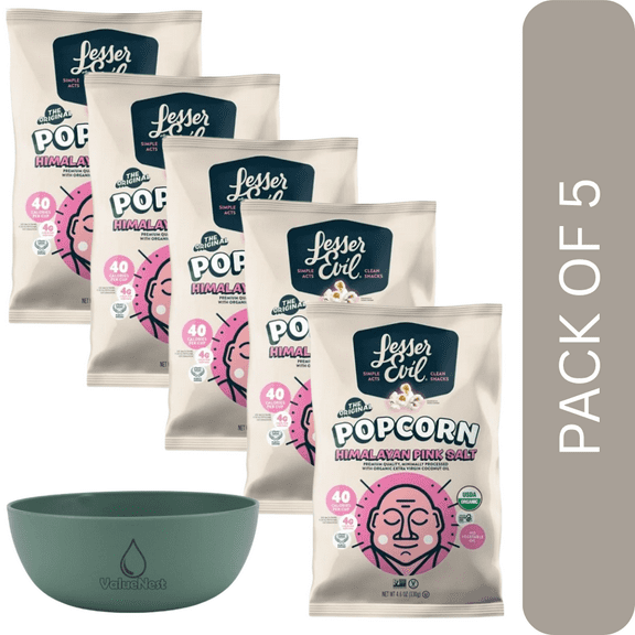 5 Pack Of LesserEvil Organic Himalayan Pink Salt Popcorn – 4.6 oz Gluten‑Free Air‑Popped Snack, With Olive Green Bowl By ValueNest