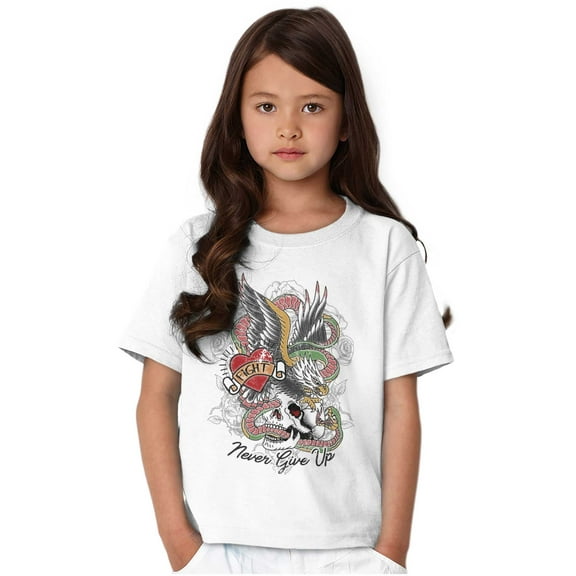 Never Give Up Fight Skull Tattoo Crewneck T Shirts Boy Girl Teen Brisco Brands L