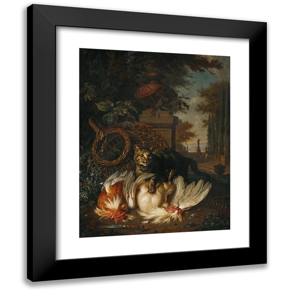 Dirk Valkenburg 12x14 Black Modern Framed Museum Art Print Titled - A Cat Attacking Chickens by a Basket, a Rake and a Knife
