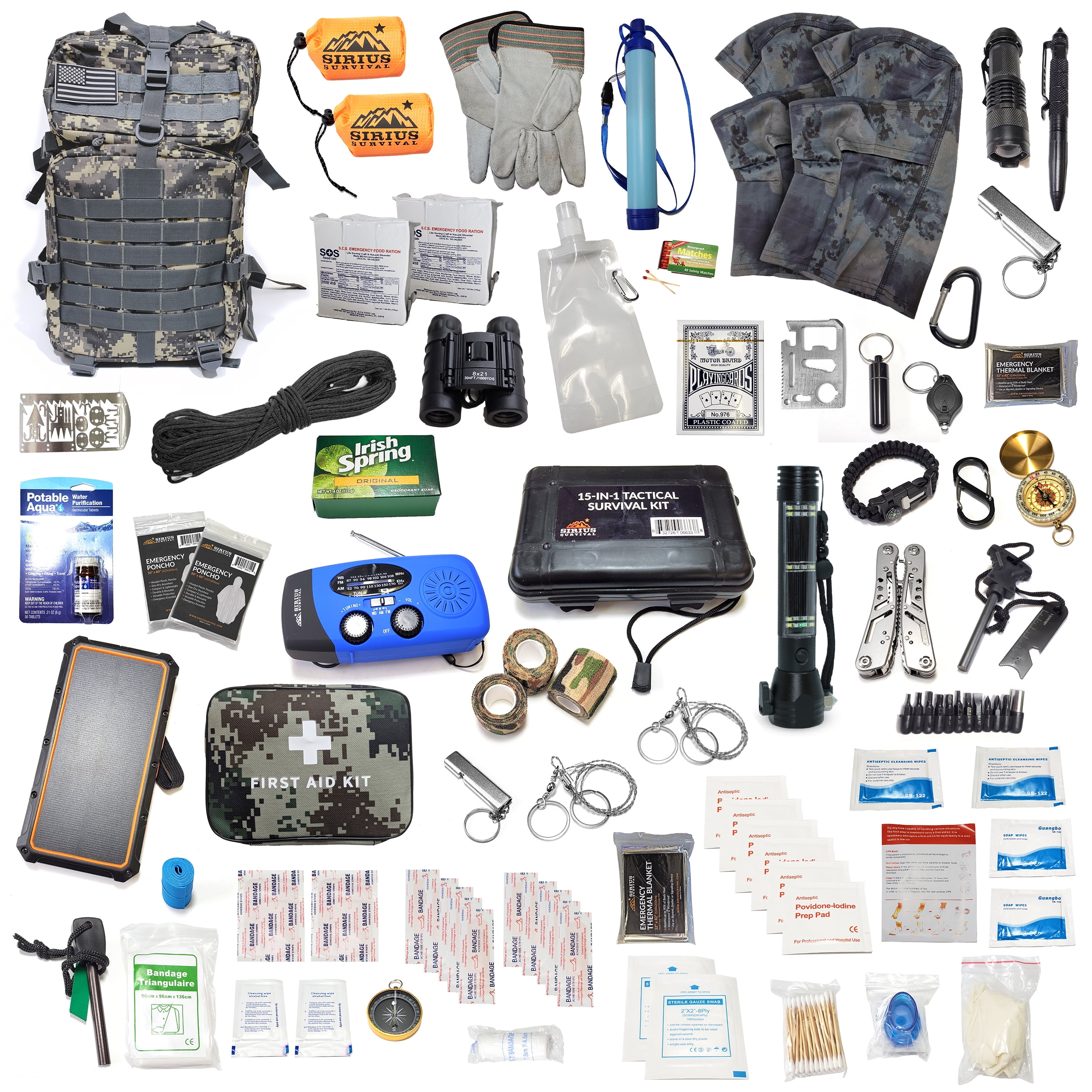 Sirius Survival Pre-Packed Emergency Survival Kit/Bug Out Bag for 2 - Over 150 Pieces, Digital Camo, 50BOB01-DCMO